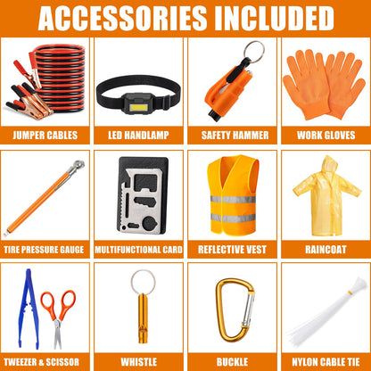AUTODECO Car Roadside Emergency Kit, Car Safety Kit Portable Car Kits for Emergency with Jumper Cable, Safety Hammer, Orange