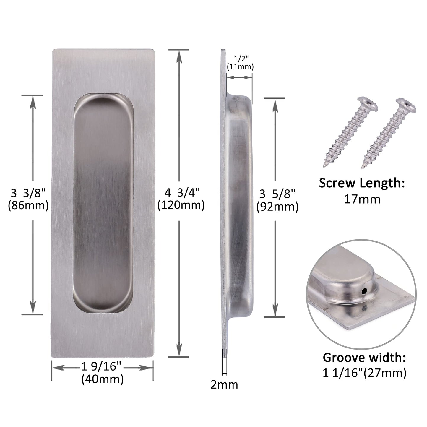 Lpraer 2 Pack Flush Pulls for Sliding Doors 4.75"x1.6" Brushed Nickel Stainless Steel Rectangular Recessed Barn Door Pulls for Closet Cabinet Doors