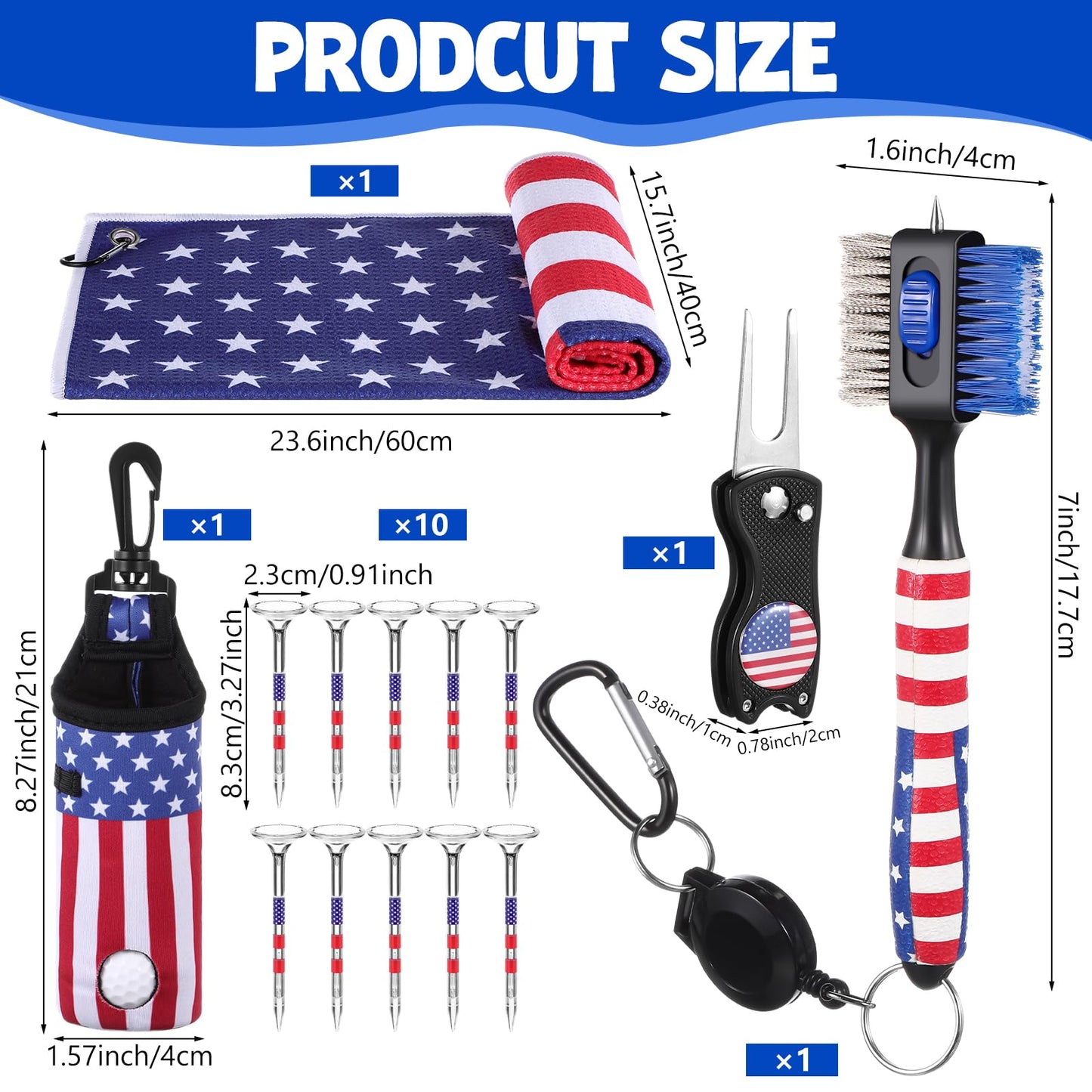WinnerWhy 15Pcs American Flag Golf Accessories Kit, Include Golf Towel Plastic Golf Tee Golf Ball Bag with Hook Golf Divot Tool with Magnetic Ball Marker Golf Club Brush 4th of July Golf Gifts for Men