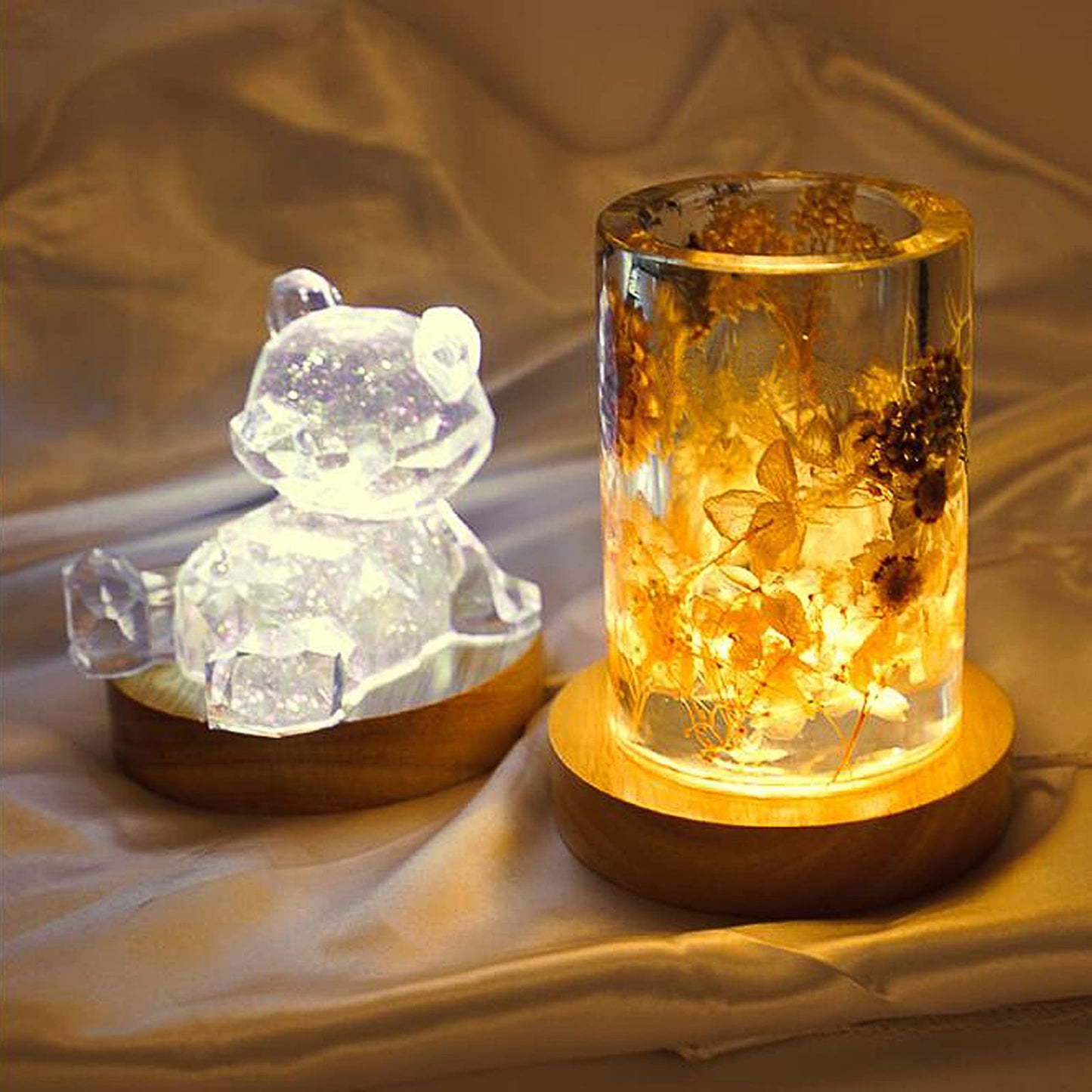 Voaesdk 2PCS LED Lights Display Bases for Resin Mold,3.14 Inch Square & Round Wooden Lighted Base Stand for 3D Laser Crystal Glass Resin Art