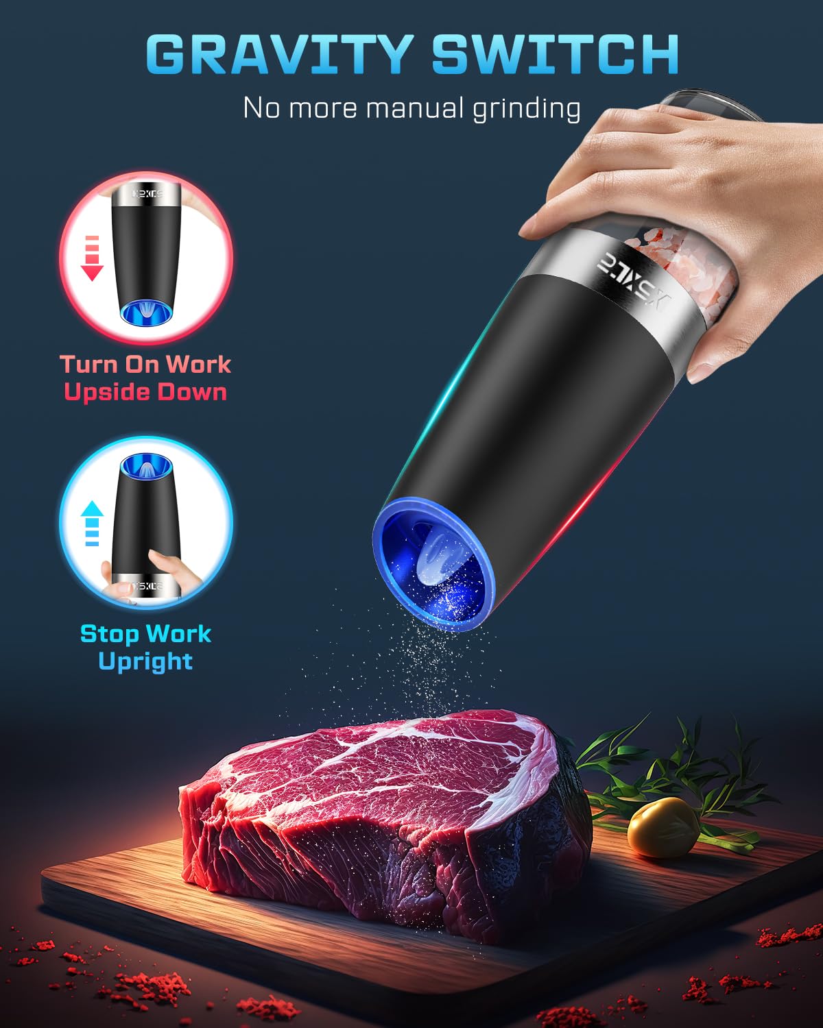 XinXu Gravity Electric Pepper and Salt Grinder Set, Adjustable Coarseness, Battery Powered with LED Light, One Hand Automatic Operation