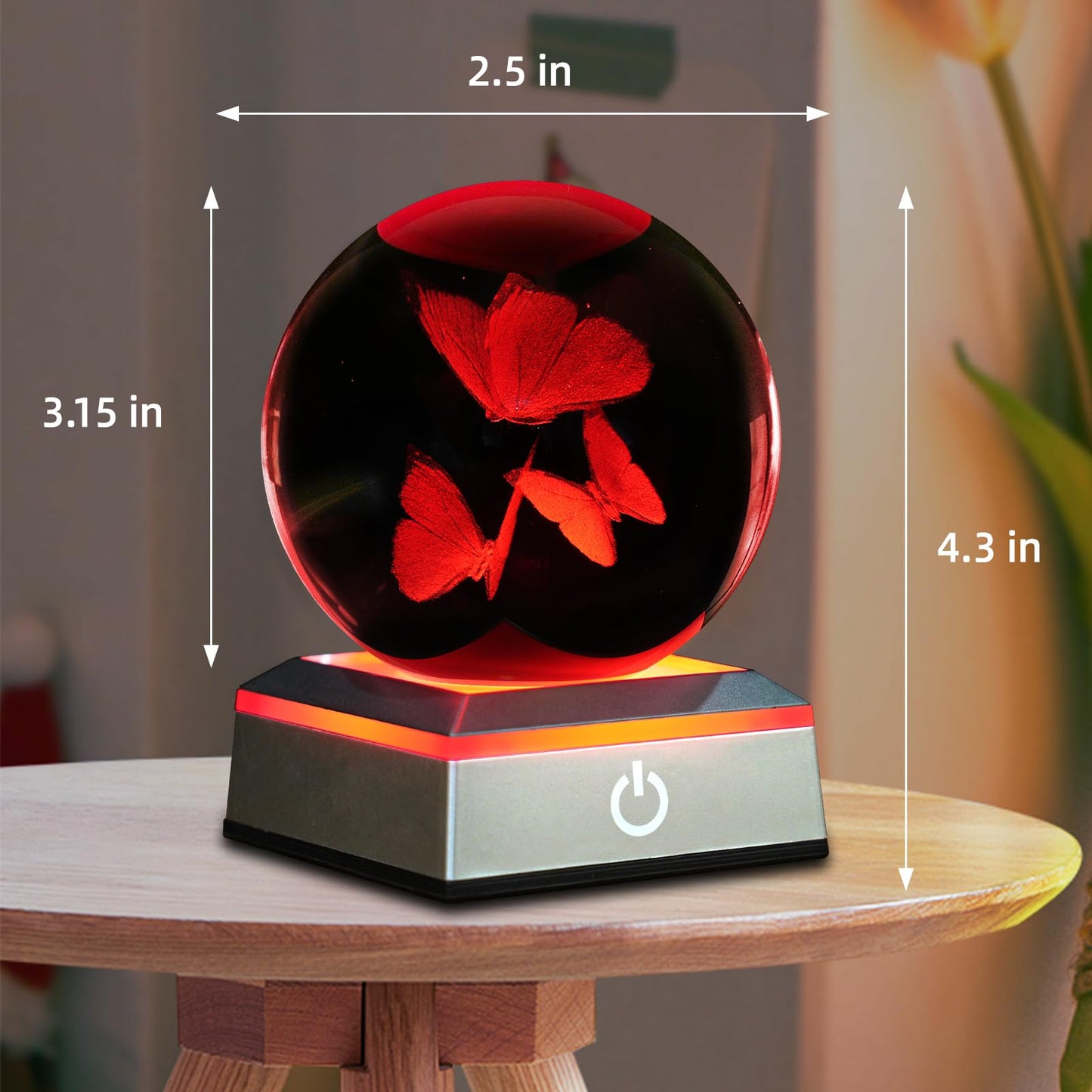 3D Crystal Ball Night Light - 3.15 Inch Butterfly Figurines Glass Ball Table Lamp with Color Changing Touch Base - Butterfly Gifts for Friends, Kids, Women - Christmas, Birthday