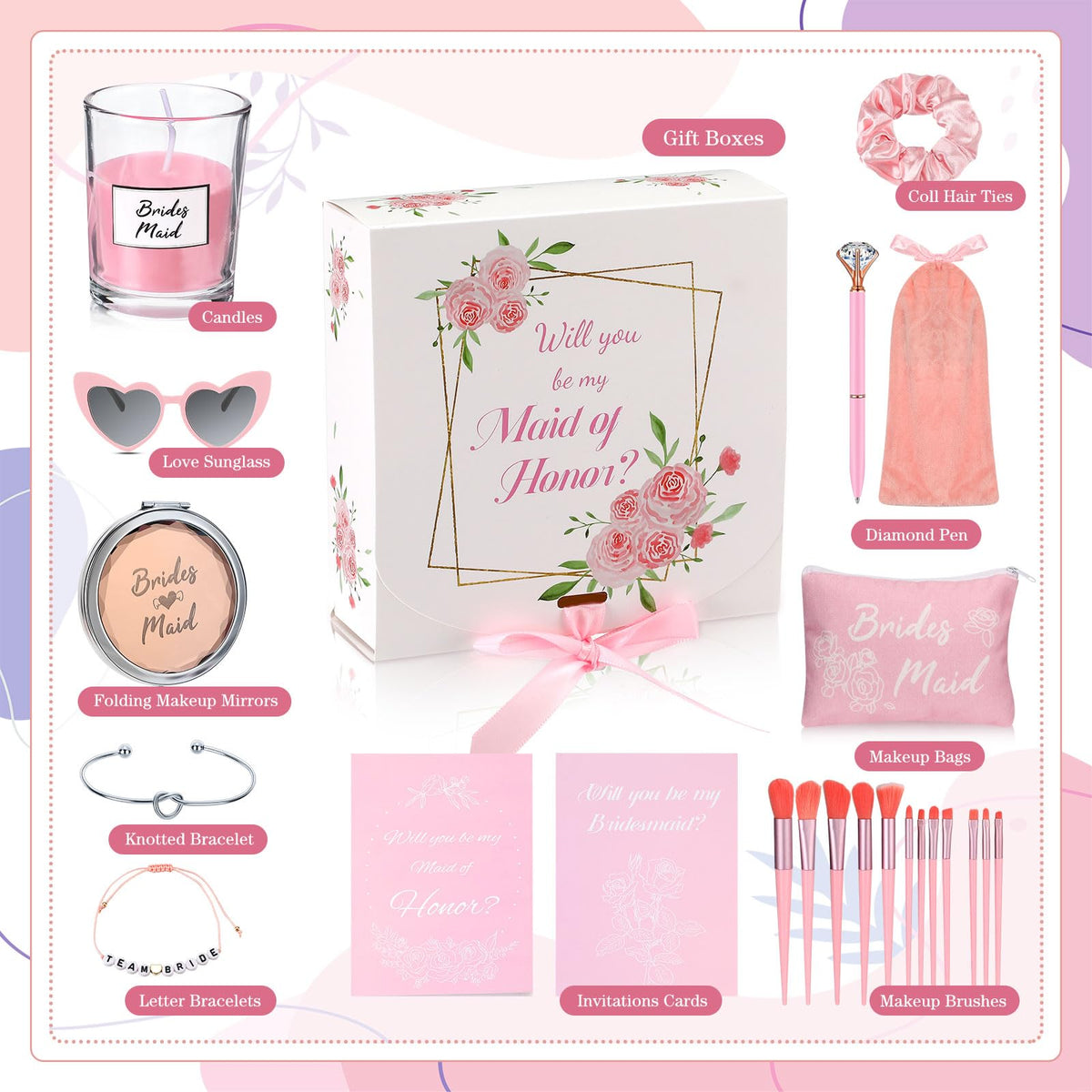 Nuogo 88 Pcs 8 Sets Bridesmaid Proposal Gift Wedding Bridesmaid Box Set Maid of Honor Gift Include Box Candle Invited Cards Scrunchies Hair Elastics Ties Knotted Bracelets Diamond Pens(Pink,Fresh)