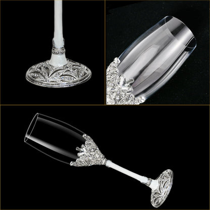 Jozen Gift Champagne Flutes -His and Hers,Wedding Toasting Glasses for Engagement Celebrations, Bridal Shower and Registry Idea, Tall Wine Glasses for Bride and Groom Gifts,7oz (Silver&white)