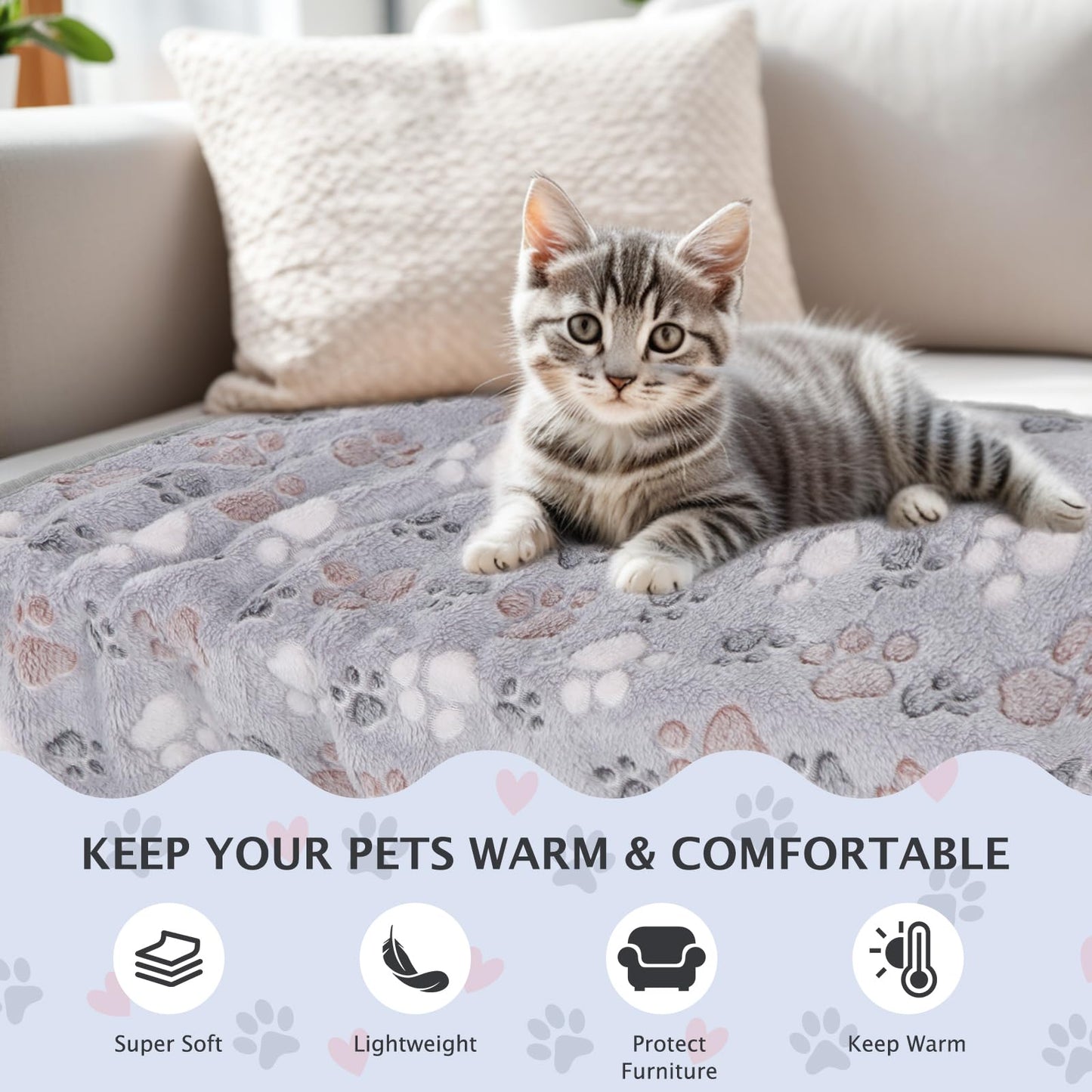 BVAGSS 6 Pack Small Dog Blanket, Super Soft Warm Pet Cover Blankets, Paw Print Puppy Fleece Flannel Blanket for Small Medium Dogs and Cats XH075 (60 x 40 cm, Grey)