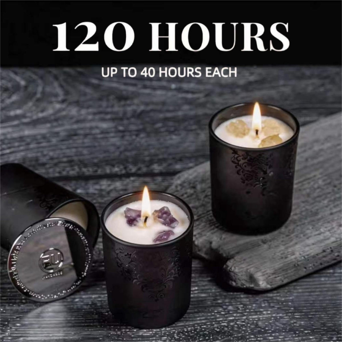 Luxury Black Crystal Candle Gift Set for Men – 3 Pack 7oz Soy & Beeswax Candles with Real Natural Crystals, Zinc Alloy Lids & Wick Trimmer, 120H Burn Time, Masculine Woodsy Home Fragrance