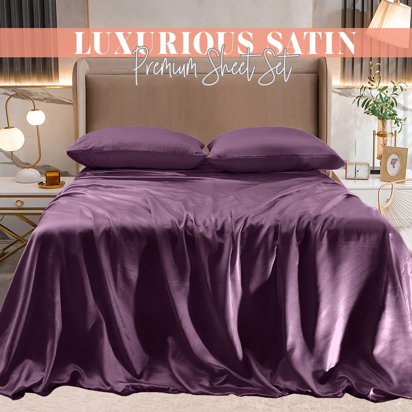 Elegant Comfort Luxurious 4-Piece Silky Satin Sheet Set, Skin and Hair Friendly, Wrinkle, Fade, Stain Resistant with Deep Pockets Fitted Sheet, Cooling Soft Satin Sheet Set, Twin XL, Purple