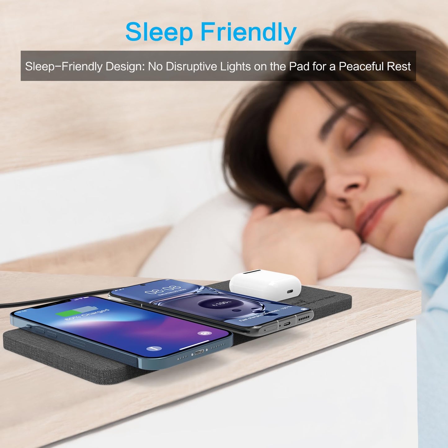 ZealSound Wireless Charging Pad, 3 in 1 Charger Mat for iPhone, Samsung Galaxy, Pixel, AirPods & Galaxy Buds, 24W Adapter Included, Ultra Slim, Case Friendly, PU Leather, Home Office & Travel, Gray