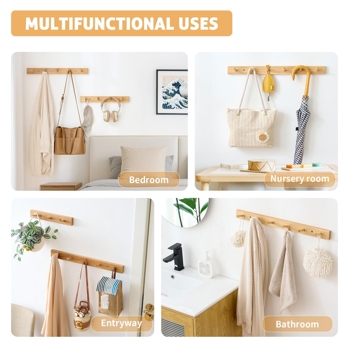 Wall Mounted Coat Rack 16 inches, Hickory Wood Wall Coat Hooks with 4 Hooks, Wooden Coat Hanger for Hanging Clothes Robes Towels Hats, Natural