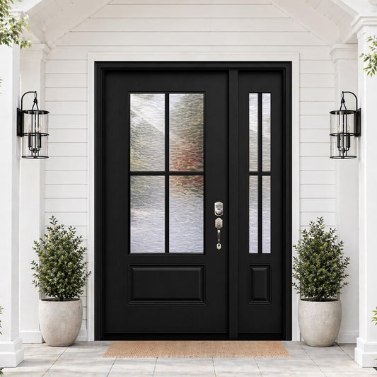 53x80in Fiberglass Front Door with 14in Sidelight, Black Exterior Entry Door for Home, Left-Hand Inswing, Textured Finished with Hammered Glass Knock-Down Door, Vinyl Frame and Brickmould Included