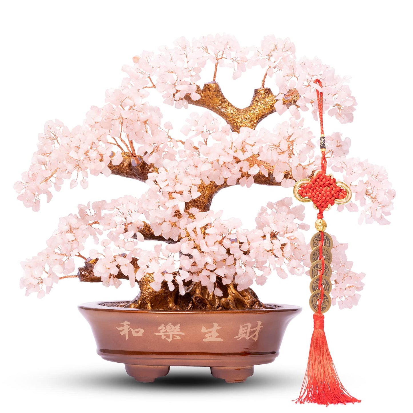 GEMBOURY Natural Rose Quartz Tree Large,14" Chakra Crystal Tree(1,251 Gemstone Count) w/Lucky Coins Chain Healing Properties - Bonsai Feng Shui Money Tree for Love Self Care Home Office Decoration