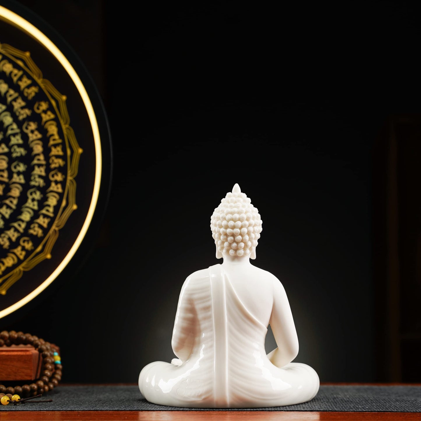 QINLANG 6 inch White Buddha Statue and 13.2 inch LED Circle Table Lamp, Indoor Buddha Statues for Home Décor