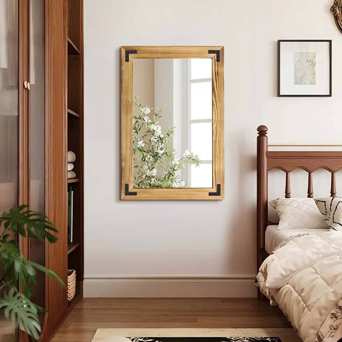 YNCLCS 36"×24" Rustic Wood Frame Mirror for Wall, Natural Bathroom Wooden Vanity Mirror, Solid Wood Frame, Vertical or Horizontal Hanging, Suit for Farmhouse, Living Room, Bedroom (Light Brown)