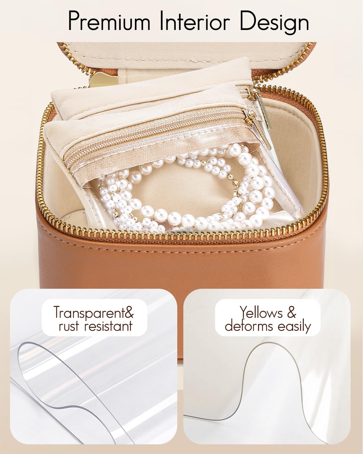 VLANDO Travel Jewelry Case,Valentines Gifts,Small Jewelry Box Organizer,Travel Jewelry Storage with 6 Velvet Jewelry Zipper Pockets, Birthday Gifts for Women Girls (Brown)