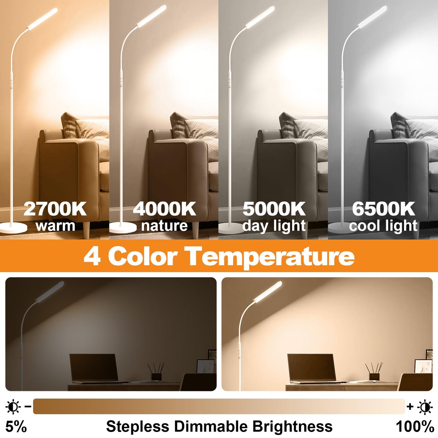 marctronic White Floor Lamp, 18W 1800LM Bright LED Floor Lamps for Living Room Bedroom, Dimmable Timing Eye Caring Reading Standing Lamp with Remote & Works with Smart Plug
