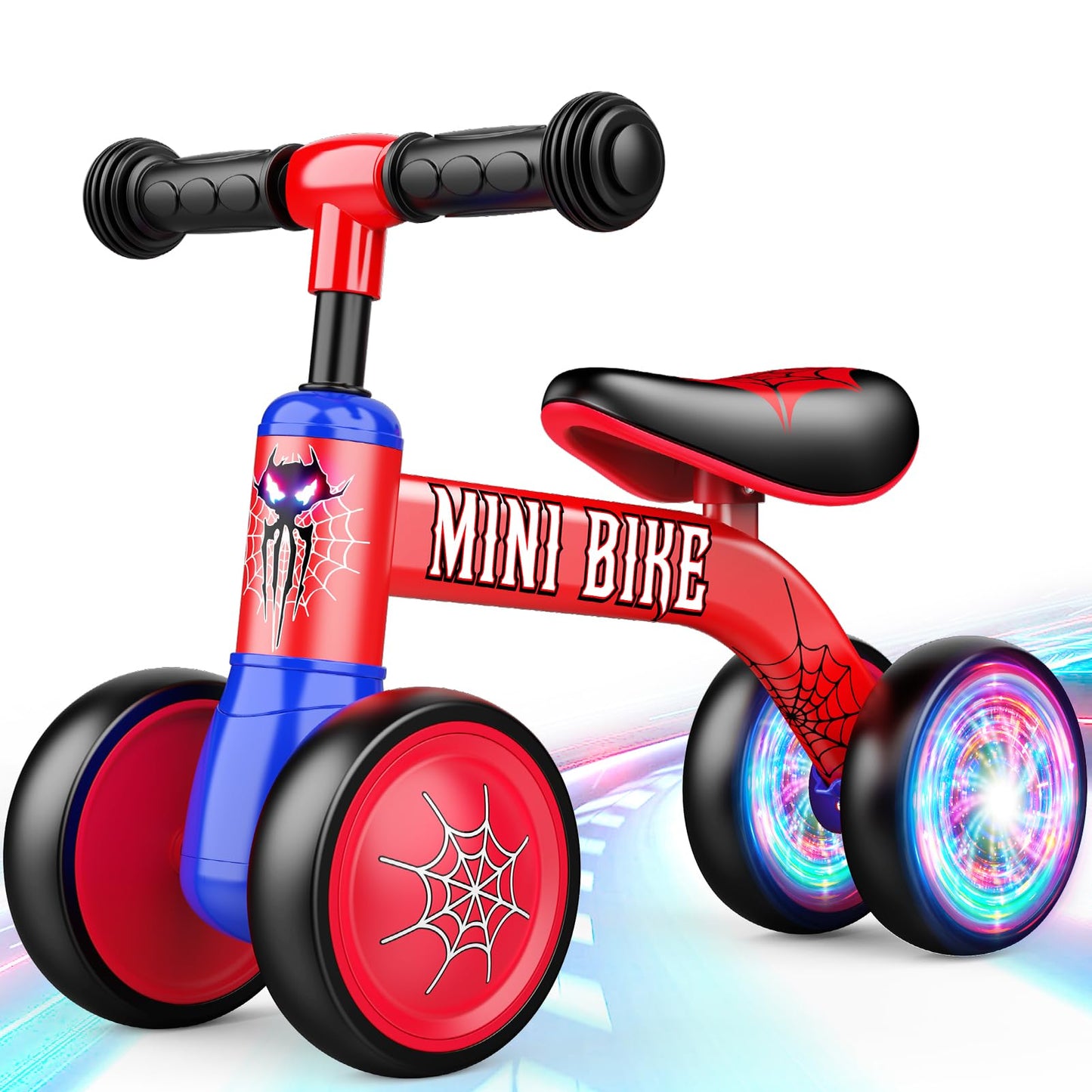Aetyni Baby Balance Bike 1-2 Year Old: Spider Toddler Bike Baby Bike for 10-24 Month with Colorful Lighting & 4 Wheels First Riding on Toys Spider Easter Birthday Gifts for One Year Old Boy Girl Gifts