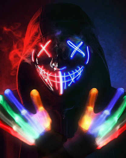AnanBros Scary Halloween Mask Skeleton Gloves Costumes for Men, 3 Modes Purge Mask Light Up 6 Modes LED Glow Gloves, LED Anonymous Scream Halloween Mask, Halloween Costumes for Boys Kids Adult