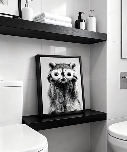 Framed Adorable Raccoon Bathroom Canvas Wall Art Toilet Paper Raccoon Wall Decor Pictures Funny Black and White Bathroom Animal Posters Prints for Restroom Home Decoration 8x10in