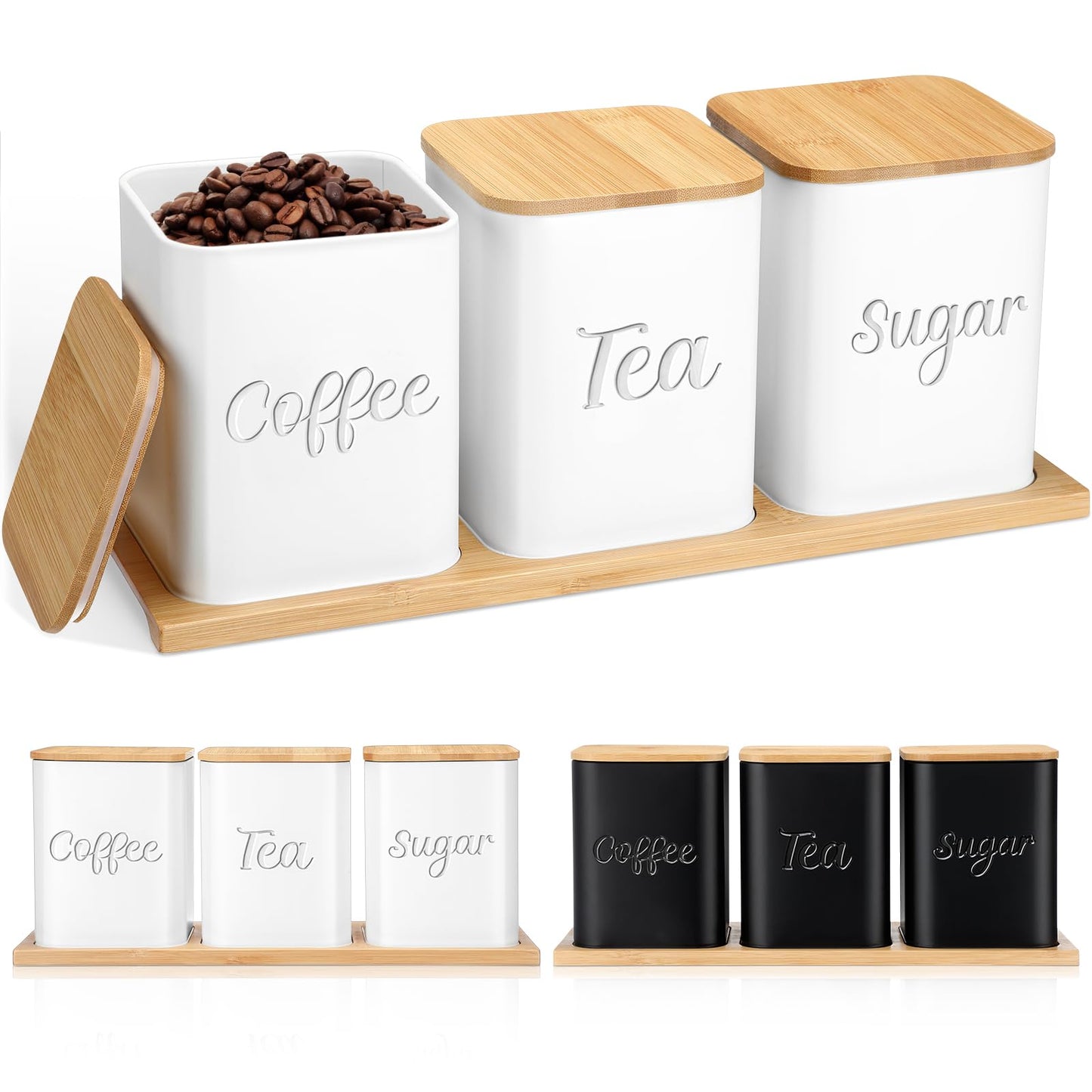 Bokon Set of 3 Coffee Tea Sugar Canisters with Bamboo Lid Tray Airtight Metal Food Storage Containers Jars Decorative Kitchen Canisters Farmhouse Bar Coffee Jars Organization for Countertop(White)