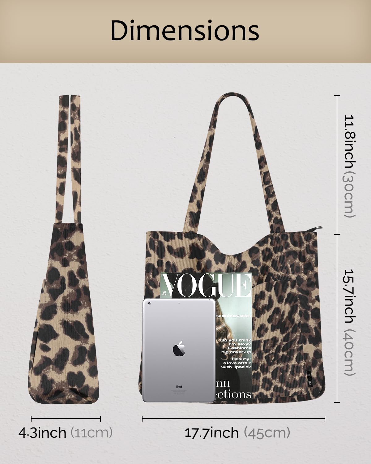 Prite Corduroy Tote Bag for Women Large Shoulder Bag with Zipper and Pockets for College School Work Travel Shopping (Leopard Print)