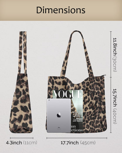 Prite Corduroy Tote Bag for Women Large Shoulder Bag with Zipper and Pockets for College School Work Travel Shopping (Leopard Print)