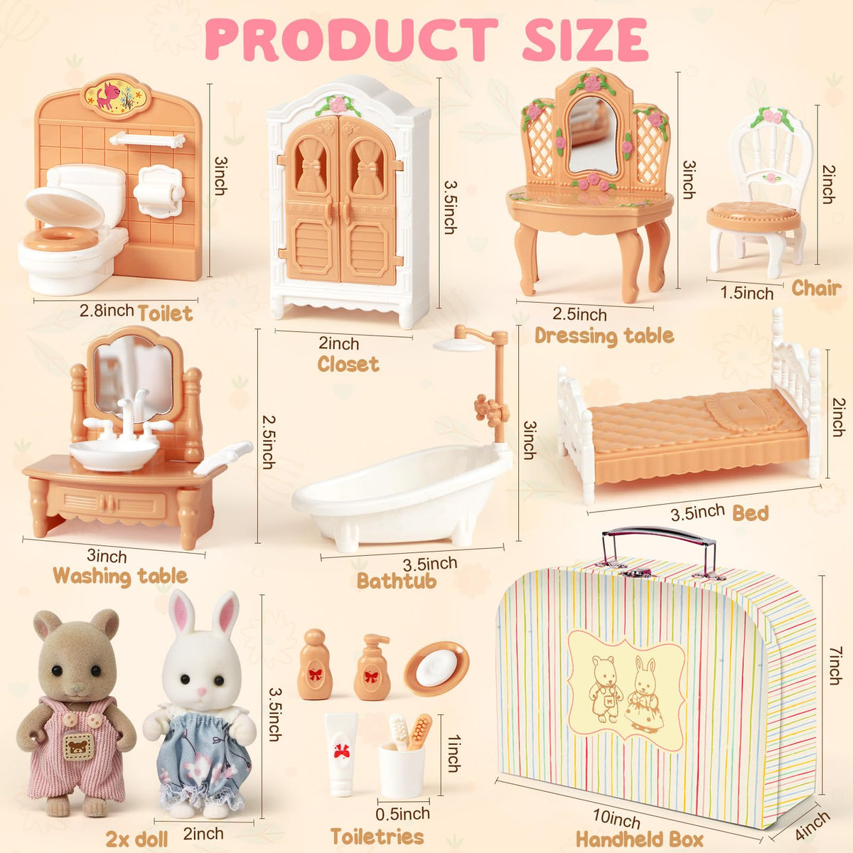 TUZT Suitcase Dollhouse Furniture Set for Kids, Mini Dollhouse Box with 2 Flexible Dolls and Bedroom&Bathroom Furnitures, Pretend Play Accessories Christmas Birthday Gift for Toddlers Ages 3+