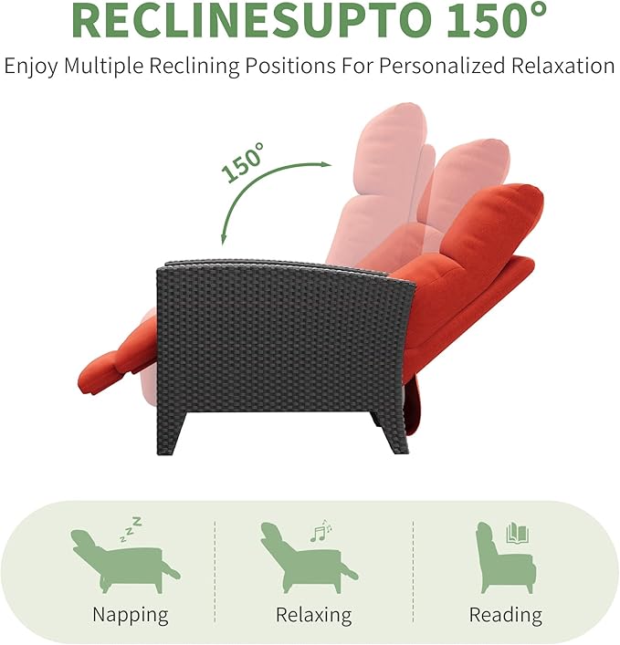 IDEALHOUSE Wicker Outdoor Recliner Reclining Patio Chairs with Adjustable Back & Footrest 150° Lay-Flat Reclining with Air Pump Rattan Flip-Up Side Table Outdoor Lounge Chairs for Pool Deck Balcony