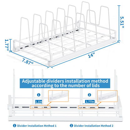 GAGUIUP Food Container Lid Organizer, Adjustable 6 Dividers Full-Metal Pot and Pan Organizer Rack for Kitchen Cabinets, Drawers, Cupboards, Pantry Shelves Storage, White