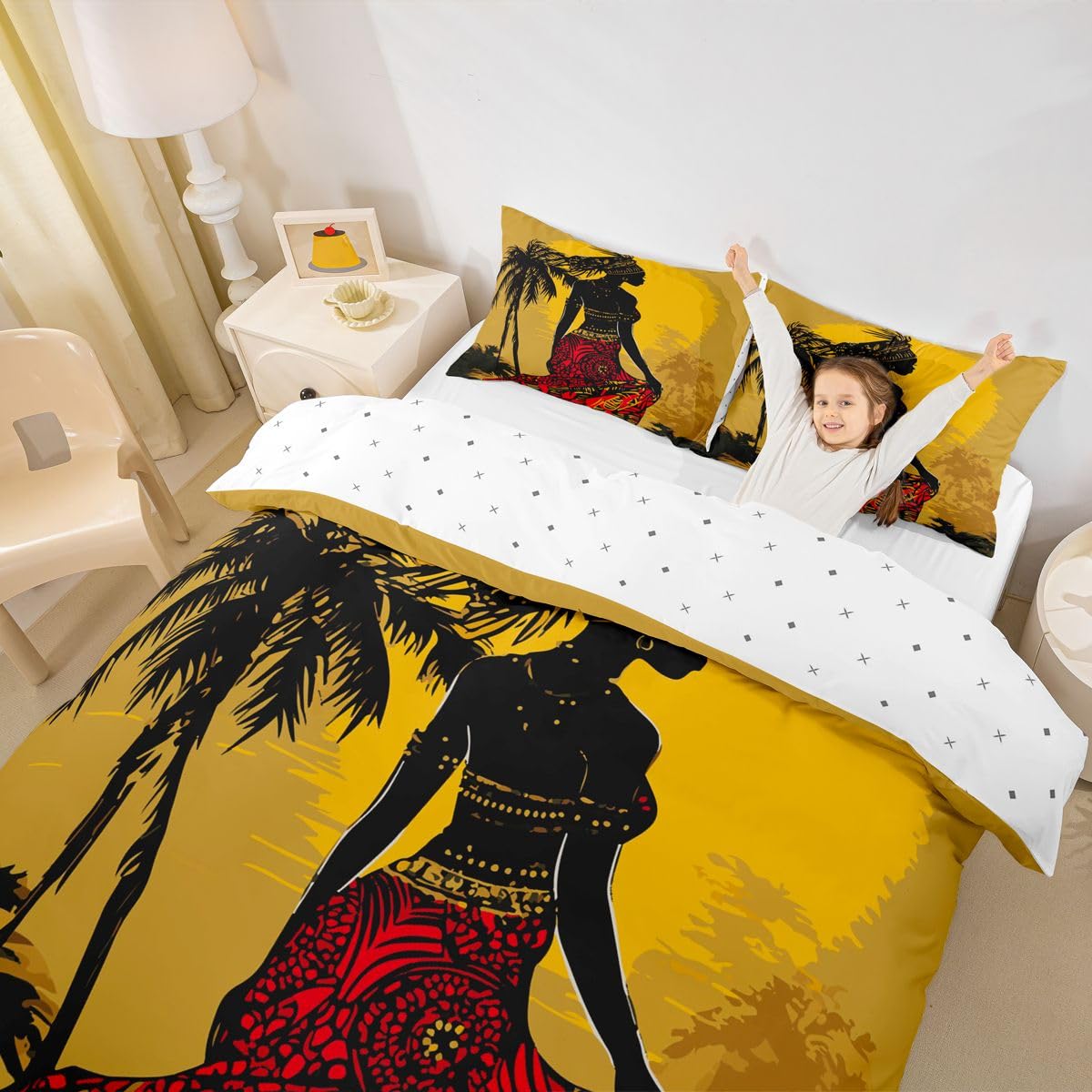 Feelyou African Woman Themed Bedding Set African Pattern Duvet Cover for Girls Women Adults Palm Tree Print Comforter Cover Ethnic Afro Style Bedspread Cover Bedroom Decor Quilt Cover 2Pcs Twin Size
