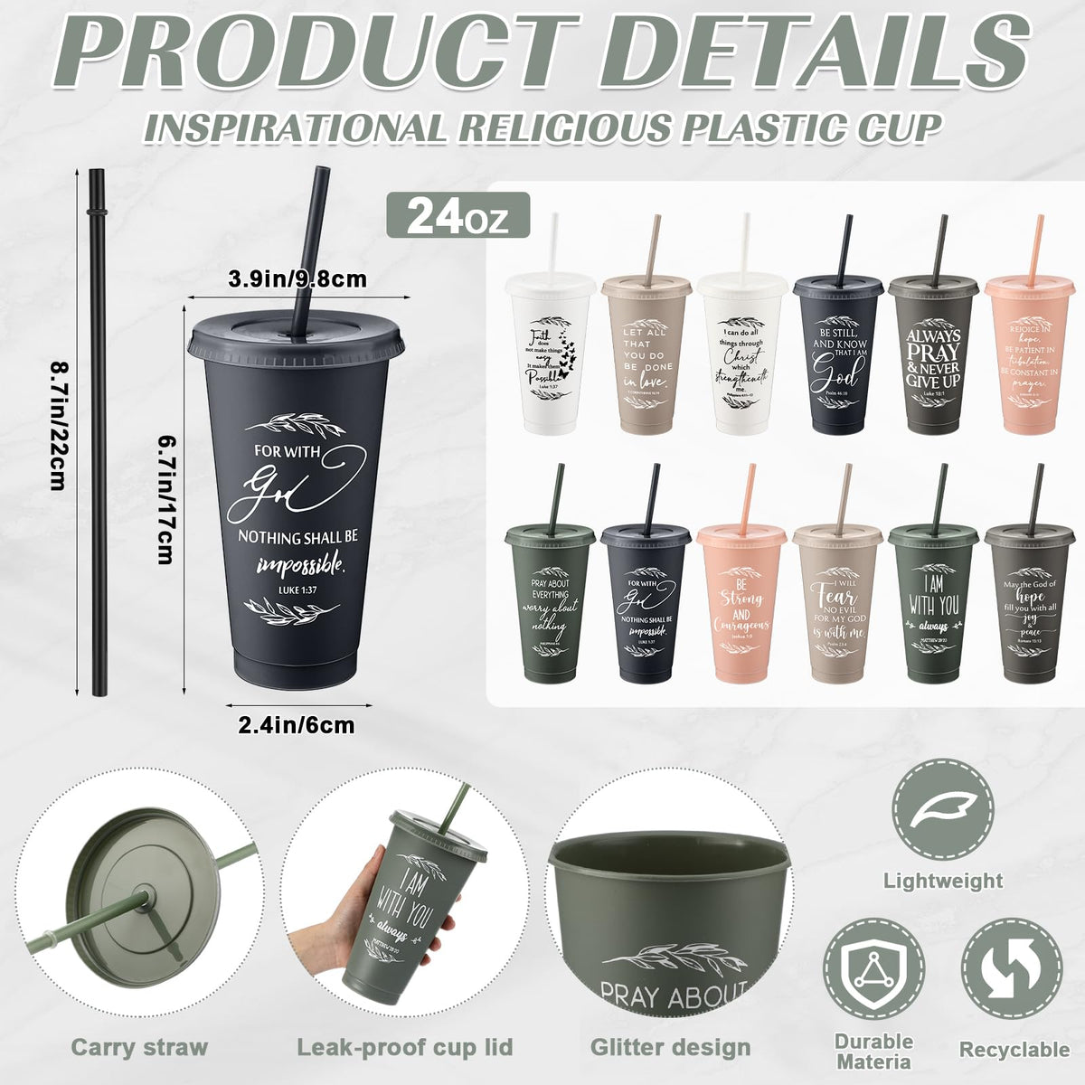 Havawish 24 Pcs Christian Tumbler Gifts Bulk Religious Inspirational 24 oz Drinking Jesus Cup with Lid Straw Bible Verse Plastic Cup for Church Mother Father First Communion Party (Vivid Color)