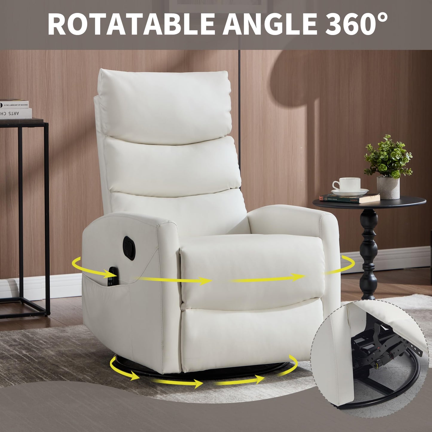 KEIKI 4-in-1 Manual Swivel Rocker Recliner Chair for Home Living Room, Faux Leather Chair with Back Massager & Heat, Home Theater Seating with Lumbar Support, Cozy Reading Chairs for Adults, White