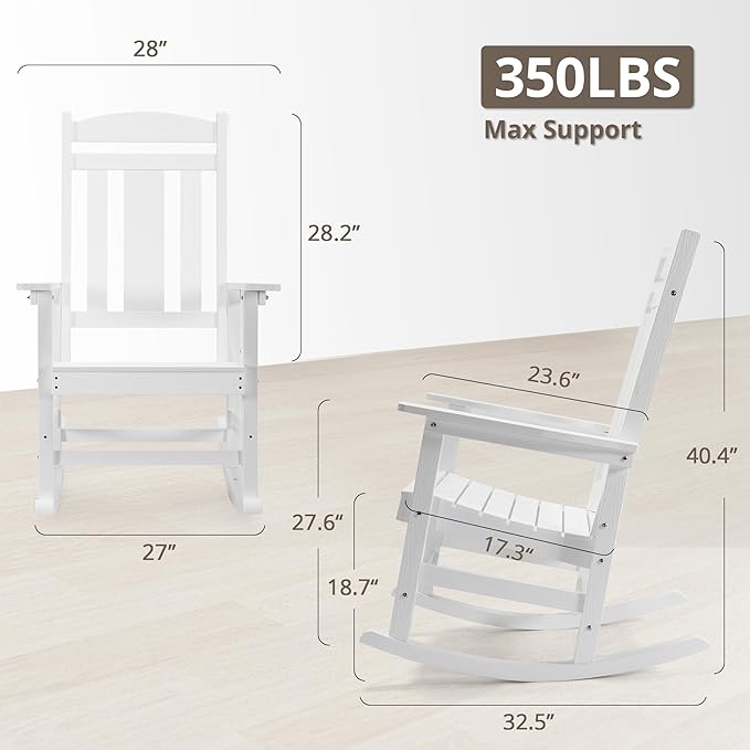 LUE BONA Outdoor Rocking Chairs Set of 4, Weather Resistant HDPS Poly Rocker Chairs, 350lb Heavy Duty, Oversized Porch Rocker for Adult, High Back Smooth Rocking Chairs for Outdoor & Indoor, White