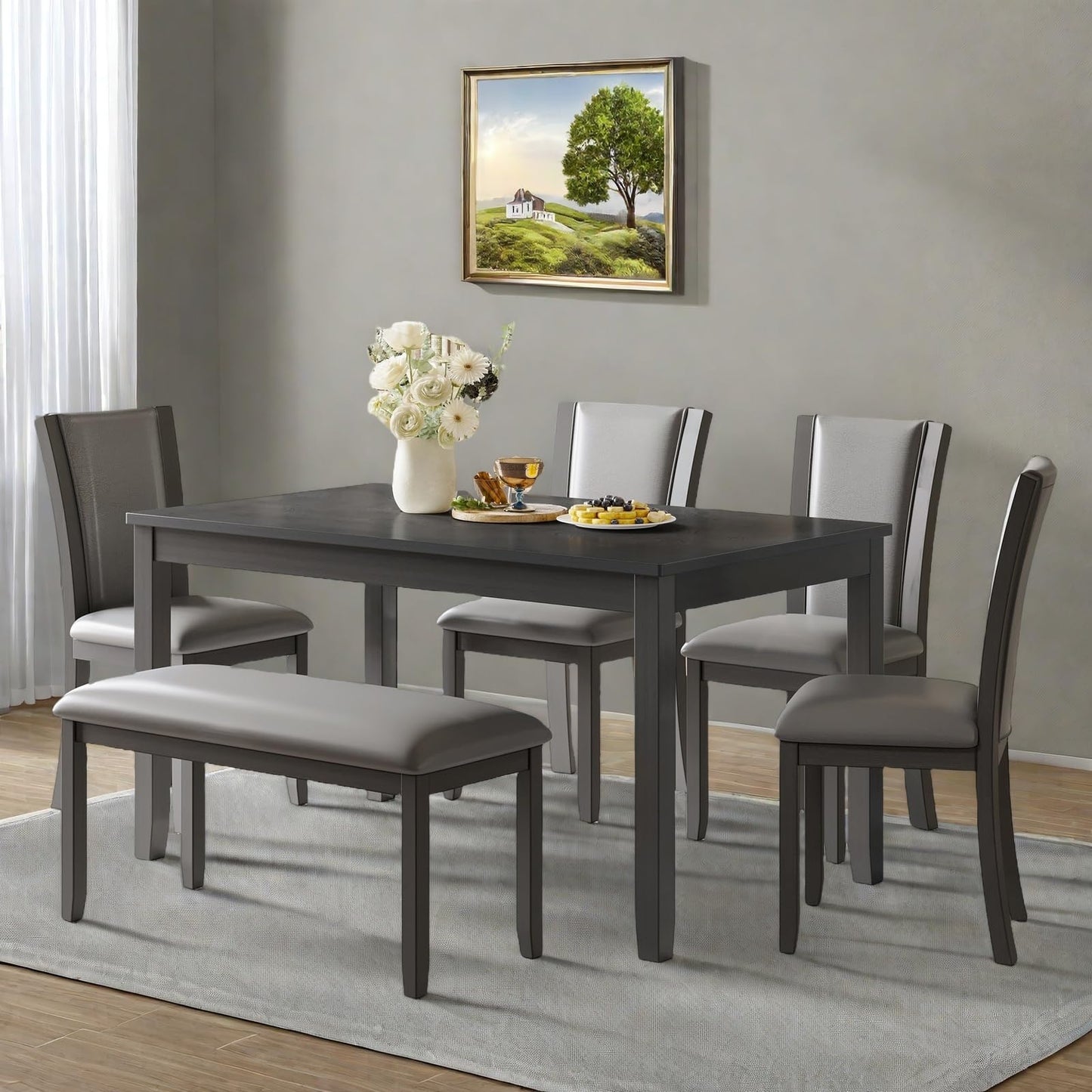 Trygoal Dining Table Set for 6, Farmhouse 6 Piece Dining Room Table Set with Rectangular Table, 4 Upholstered Backrest Chairs and Bench, Counter Height Kitchen Sets with Warm Woodgrain Finish, Gray