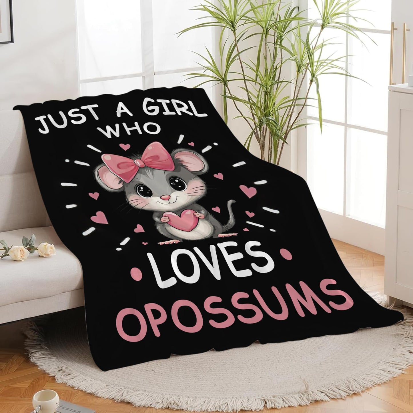 Lovira Just A Girl Who Loves Opossums Throw Blanket Possums Print Throw Blankets Gifts for Couch Sofa Bed Stuff Decor Soft Cozy Fleece Plush Warm Flannel Bedding for Lover 40"x50"