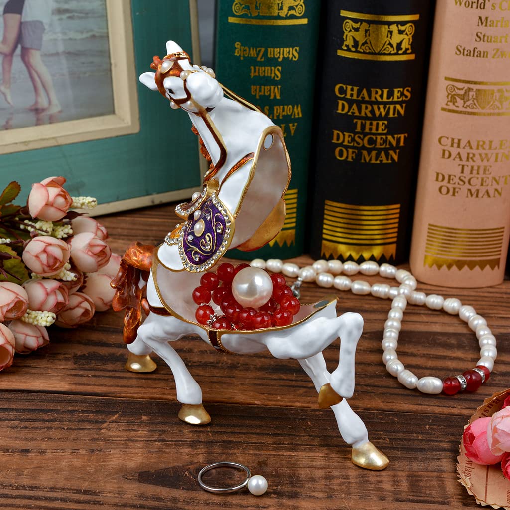 FJ FENGZHIJIE Golden Crystal Enameled Horse Jewelry Box, Hand-Painted Hinged White Horse Trinket Box, Elegant Home Décor & Unique Gift for Equestrians