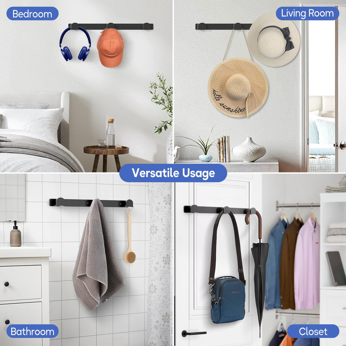 KIMBORA 4 Packs Hat Rack for Wall, Hat Organizer for Baseball Caps Holds 36 Hats, 3 Mounting Options Hat Hook Hanger, Strong Baseball Hat Holder Storage, Cap Display for Door, Room, Closet (Black)