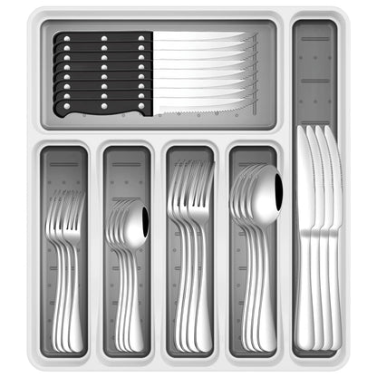 49-Piece Stainless Steel Silverware Set with Cutlery Organizer, Service for 8 with Steak Knives and Kitchen Utensils