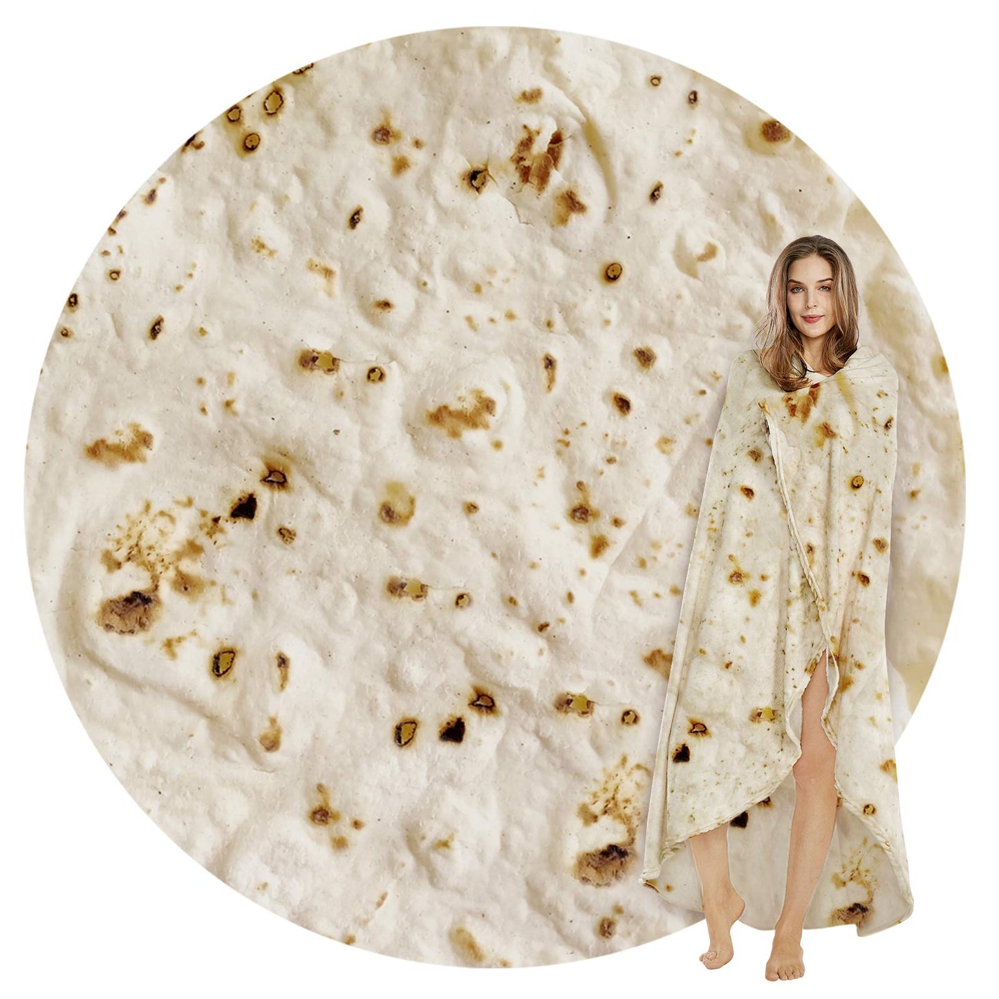 SeaRoomy Burritos Tortilla Throw Blanket, Tortilla Wrap Blanket, Novelty Funny Tortillas Round Blanket Giant Tortillas Round Soft Blankets for Adults and Kids (Beige, 60 inches)
