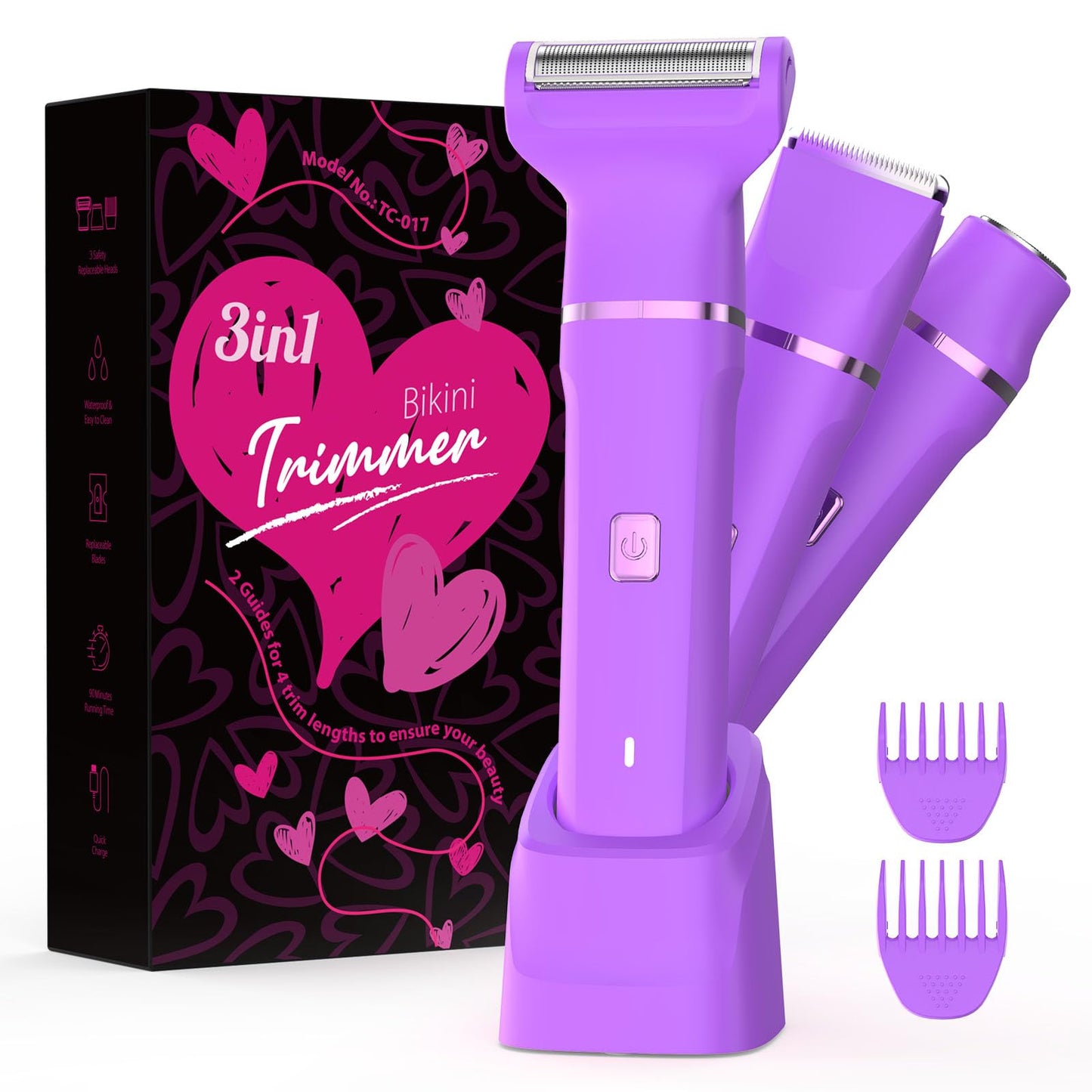 Bikini Trimmer for Women - Painless Electric Razors for Silk Skin,Cordless Body Shaver for Trip,Replaceable Lady Facial Razor, IPX7 Waterproof&Easy Cleaning, Ceramic Blade, USB Charge Dock Pink