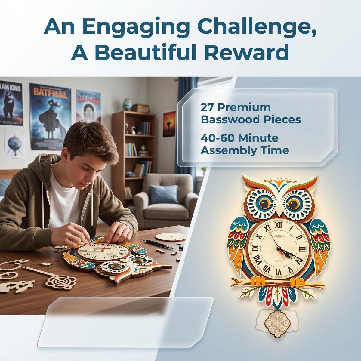 Wooden Owl Clock Puzzle—A 3D DIY Assembly kit for a Decorative wall Clock, Featuring Autumn Leaves and Bird Motifs, Perfect for Rustic Farmhouse-Style Decor in Kitchens and Living Rooms