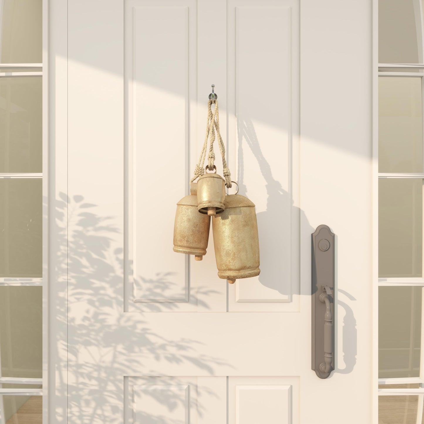Deco 79 Gold Metal Tibetan Inspired Decorative Giant XL Cow Bells with Jute Hanging Rope, Set of 3 10",8",6"H - Cylindrical