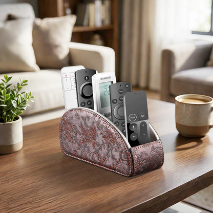 YAPISHI All-in-One Leather Brown TV Remote Holder with 5 Compartments Nightstand Desktop Media Player Remote Caddy Storage Box Organizer Tray for Mobile Office Phone Controller