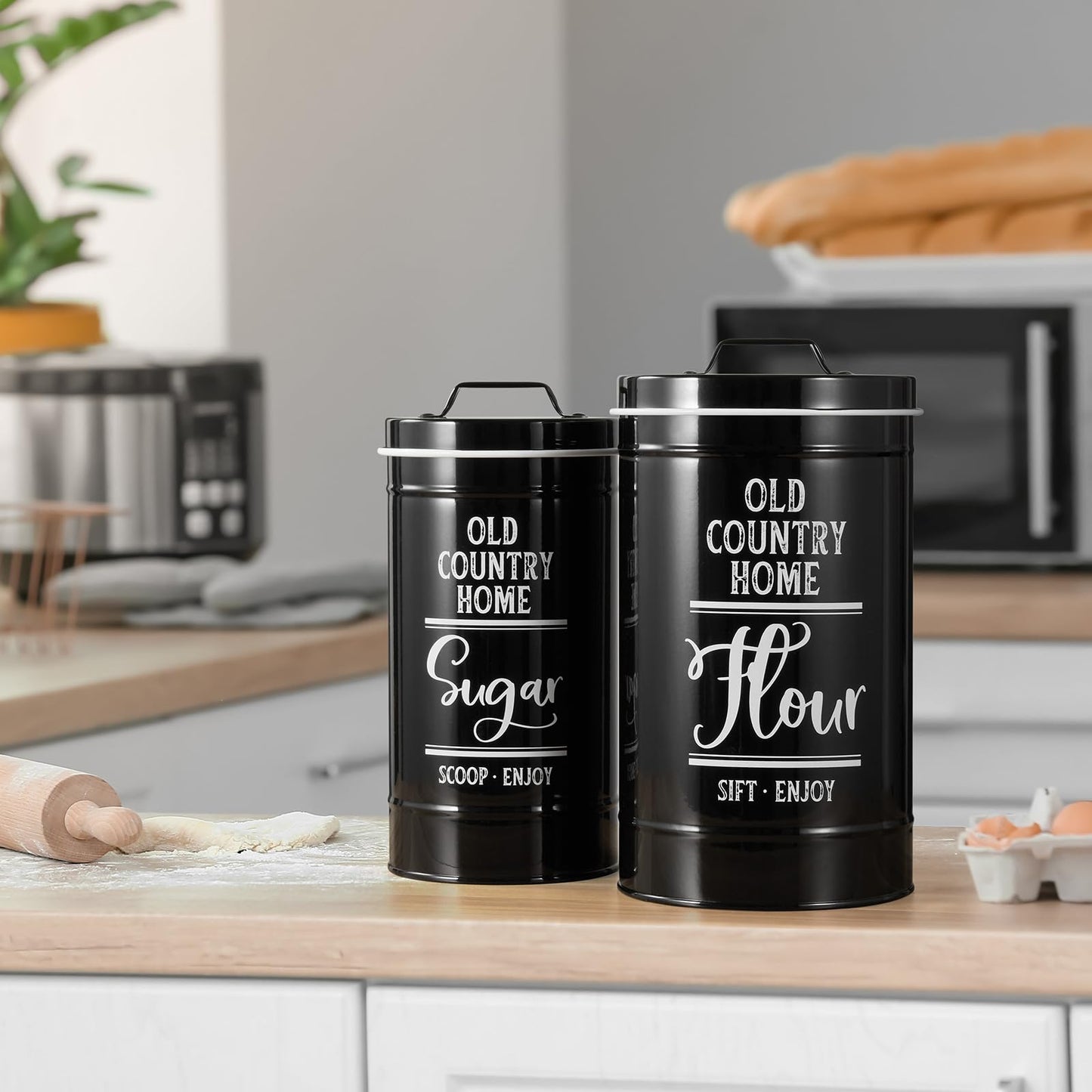 Bivvclaz Canisters Sets for the Kitchen, Airtight Kitchen Canisters for Countertop, Flour and Sugar Containers, Tea Coffee Sugar Canister Set, Coffee Bar Decor and Accessories, Set of 4, Black