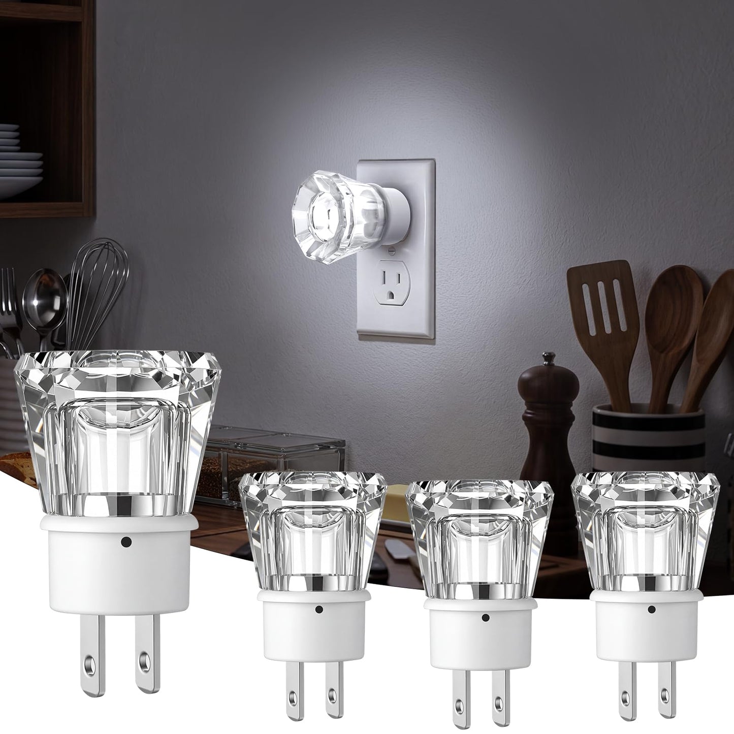4-Pack LED Night Lights Plug in Wall, Crystal Acrylic Decorative Crown Design Nightlights with Dusk-to-Dawn Auto Sensor, 5000K Daylight 50LM, for Bedroom, Bathroom, Kids’ Room, Hallway, Living Room
