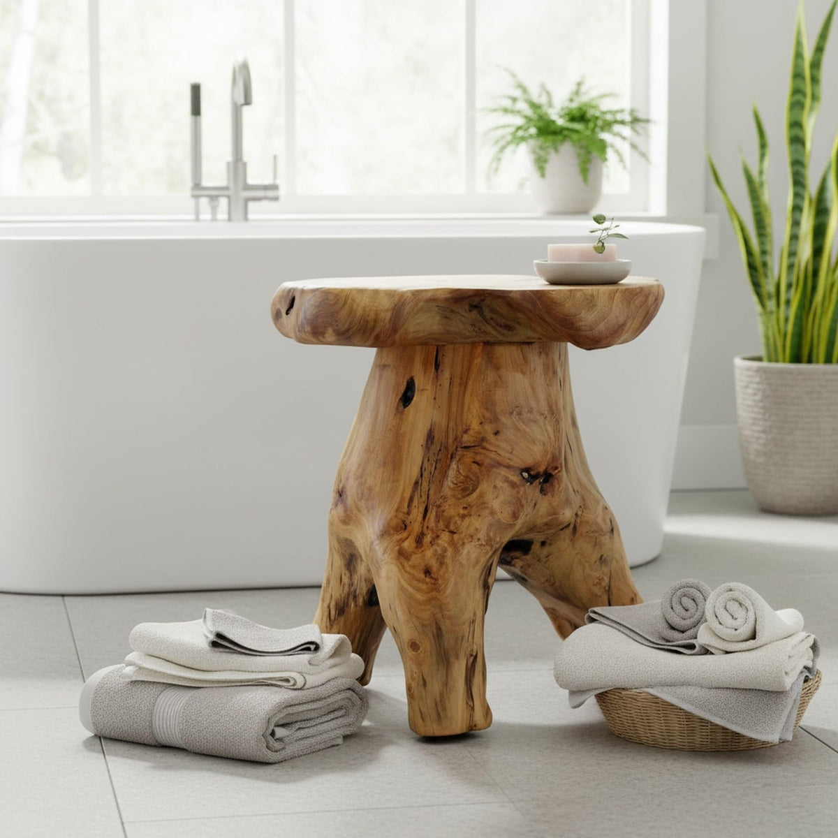 WELLAND Natural Cedar Stump Stool, 14" End Table, Live Edge Side Table, Plant Stand, Small Nightstand, Mushroom Stool for Living Room, Bedroom, Patio, Garden