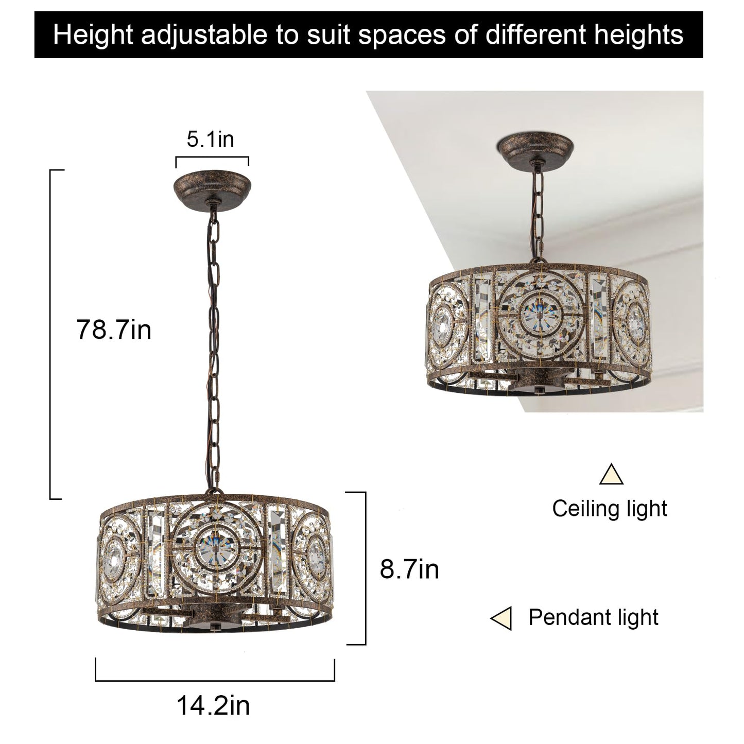 Zicbol Bronze Vintage Crystal Chandeliers for Dining Room 14.17" Drum Pendant Lights, Dining Room Light Fixtures Over Table, Hanging Chandelier for High Ceiling Kitchen Island Living Room Foyer