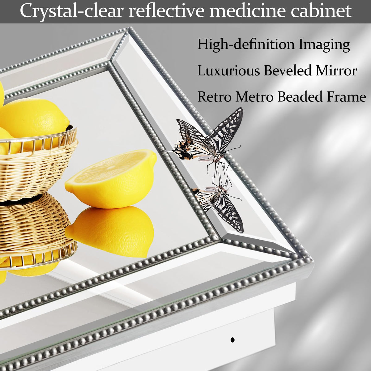 FOMAYKO 24"x36" Retro Beaded Medicine Cabinet with Beveled Mirror - Wooden Frame, Recessed & Surface Mount Bathroom Storage Cabinet