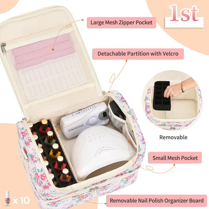 CUBETASTIC Nail Polish Organizer, Nail Supplies Storage Case Holds 45 Bottles Nail Polish & Nail Lamp, Travel Nail Tech Carrying Bag, Nail Kit Bag For Nail Stuff & Manicure Tools