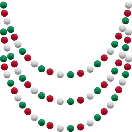 WILLBOND 3 Pieces Wool Felt Rainbow Ball Garland Colorful Pom Pom 6.5 ft Long 24 Ball Garland for Easter Mardi Gras Classroom Halloween Thanksgiving Xmas (Red,White,Green)
