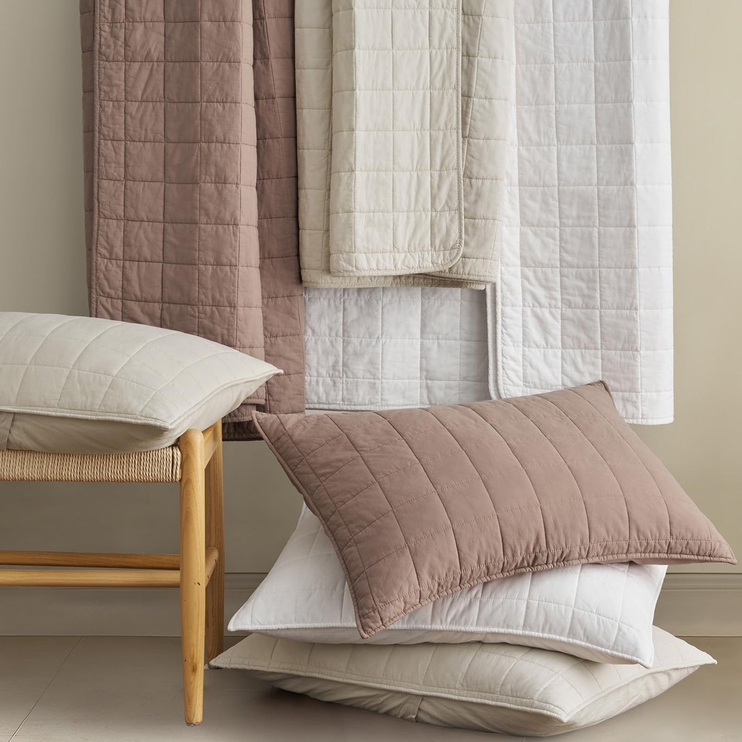 EVERGRACEHOME 100% Cotton Box Stitch Quilt Bedding Set King Size 3 Pieces, Garment-Washed Lightweight Soft Cozy Coverlet, Oversized Quilted Bedspread Sets with 2 Shams for All Season, Clay